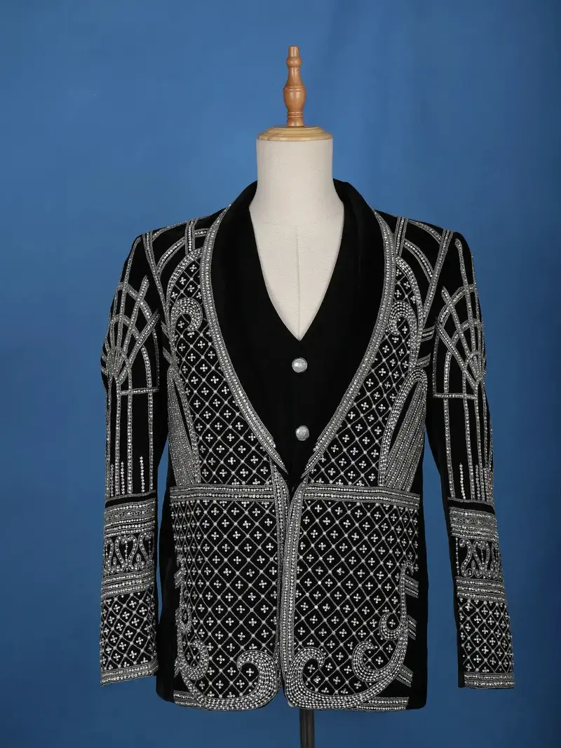 Black Abstract Embroidery Velvet Men's Suit 1