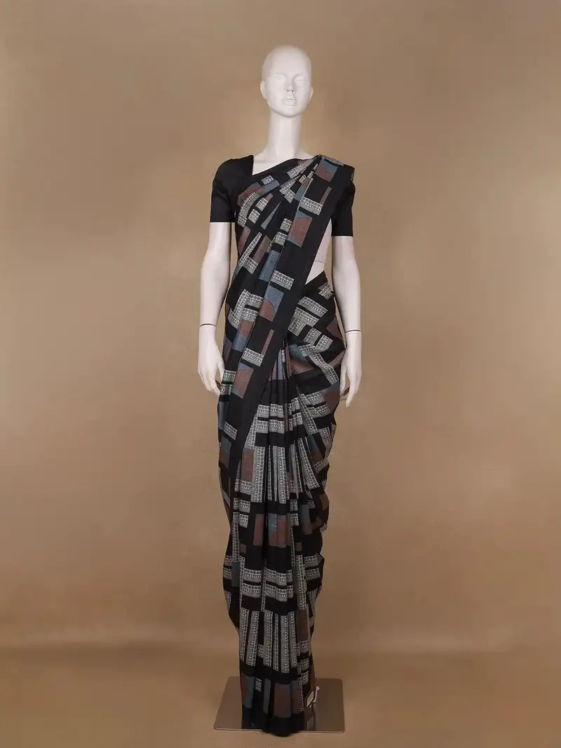 Black Abstract Geometric Printed Semi Tussar Saree 1