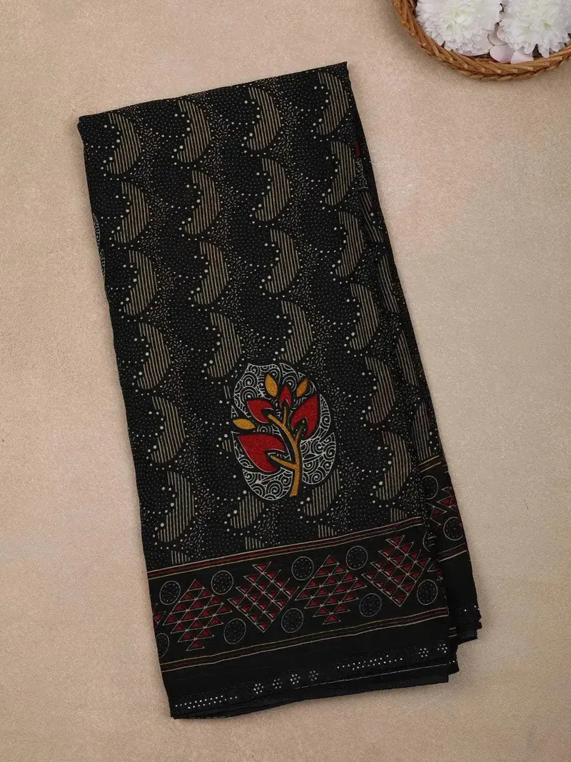 Black Abstract Printed Chiffon Saree 1