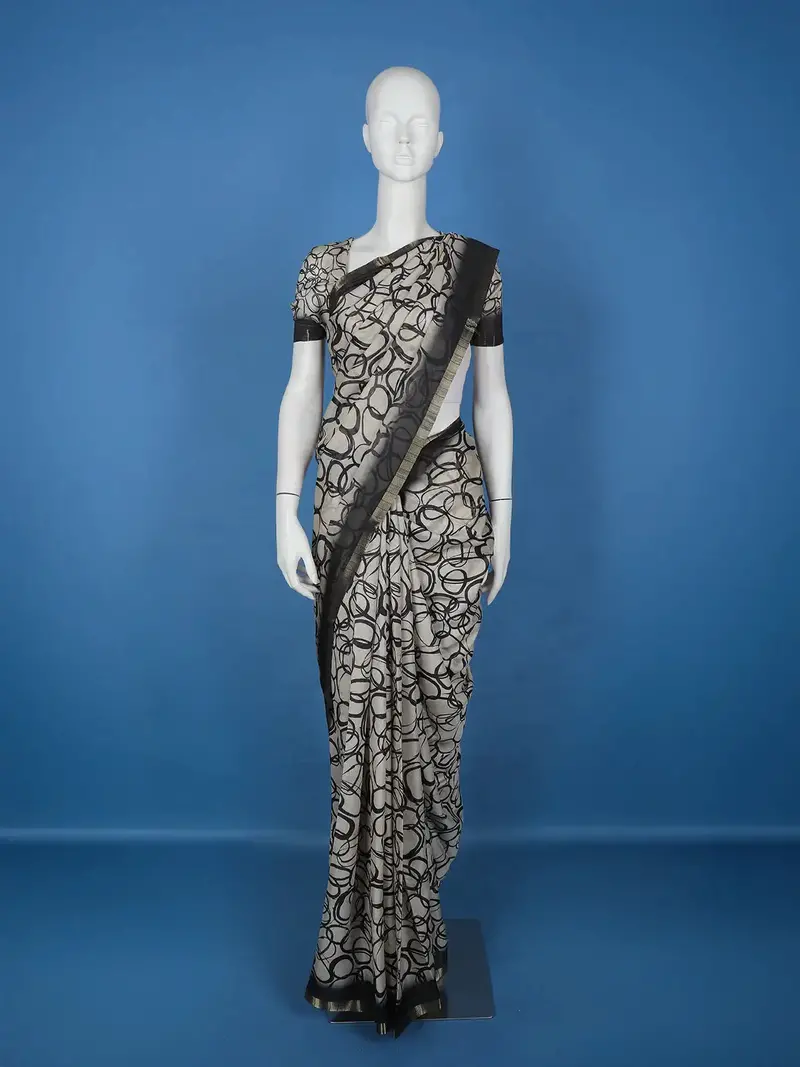 Black Abstract Printed Chiffon Saree 1