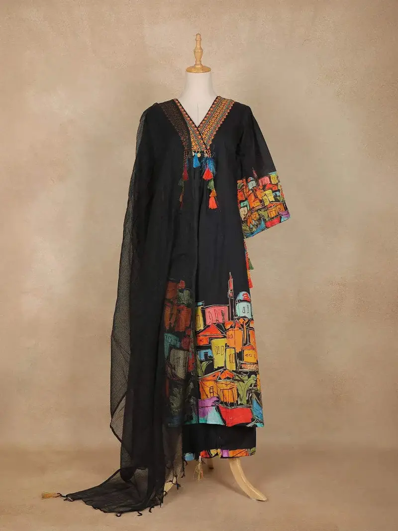 Black Abstract Printed Cotton Salwar Suit 1