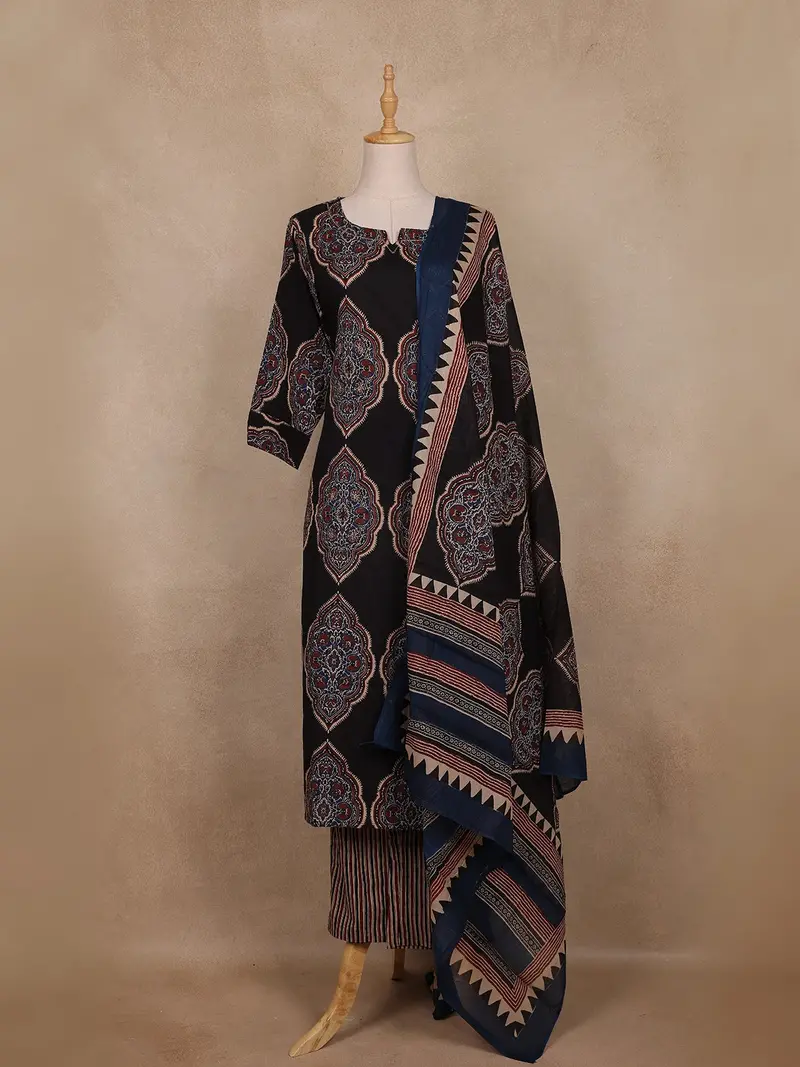 Black Ajrakh Printed Cotton Salwar Suit With Dupatta 1