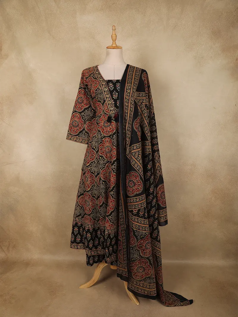 Black Ajrakh Printed Design Cotton Anarkali Salwar Suit With Dupatta 1