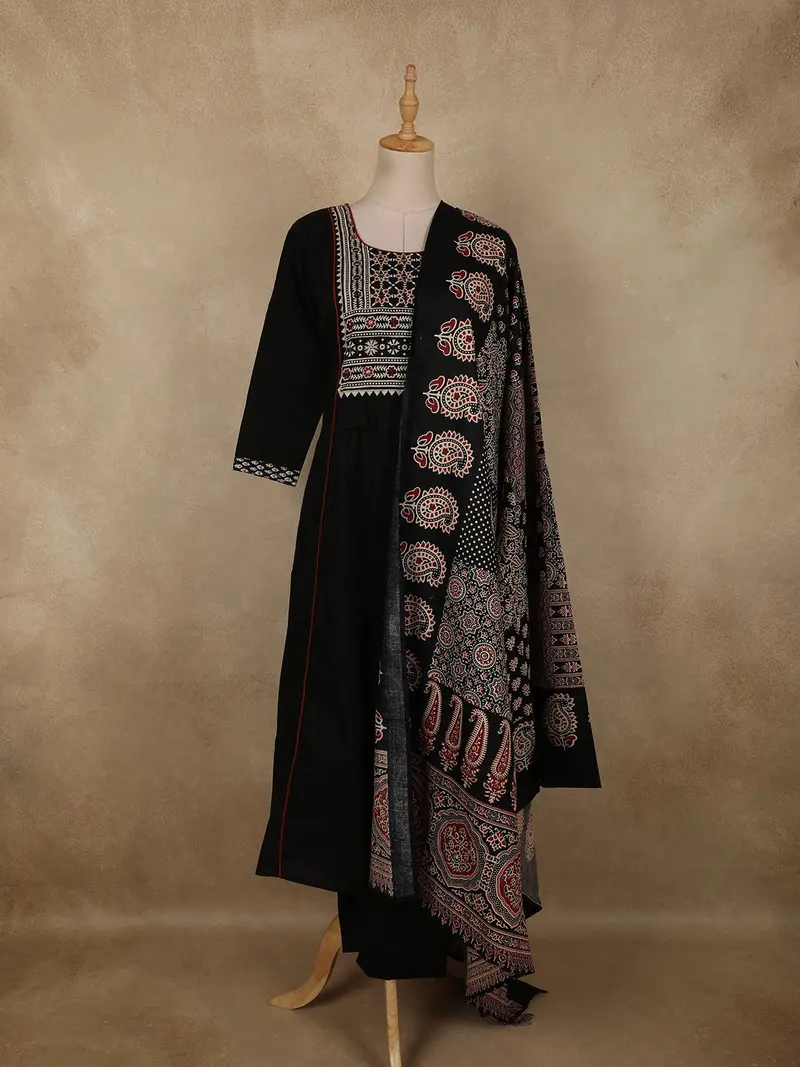 Black Ajrakh Printed Design Cotton Salwar Suit With Dupatta 1