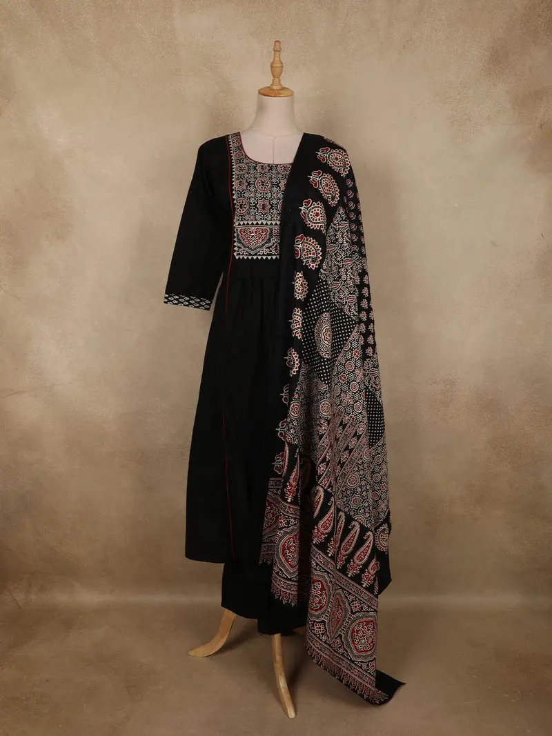 Black Ajrakh Printed Design Cotton Salwar Suit With Dupatta 1