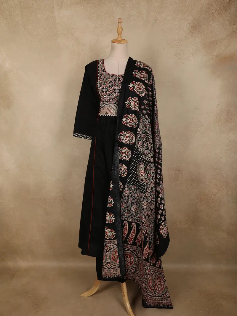 Black Ajrakh Printed Design Cotton Salwar Suit With Dupatta 1