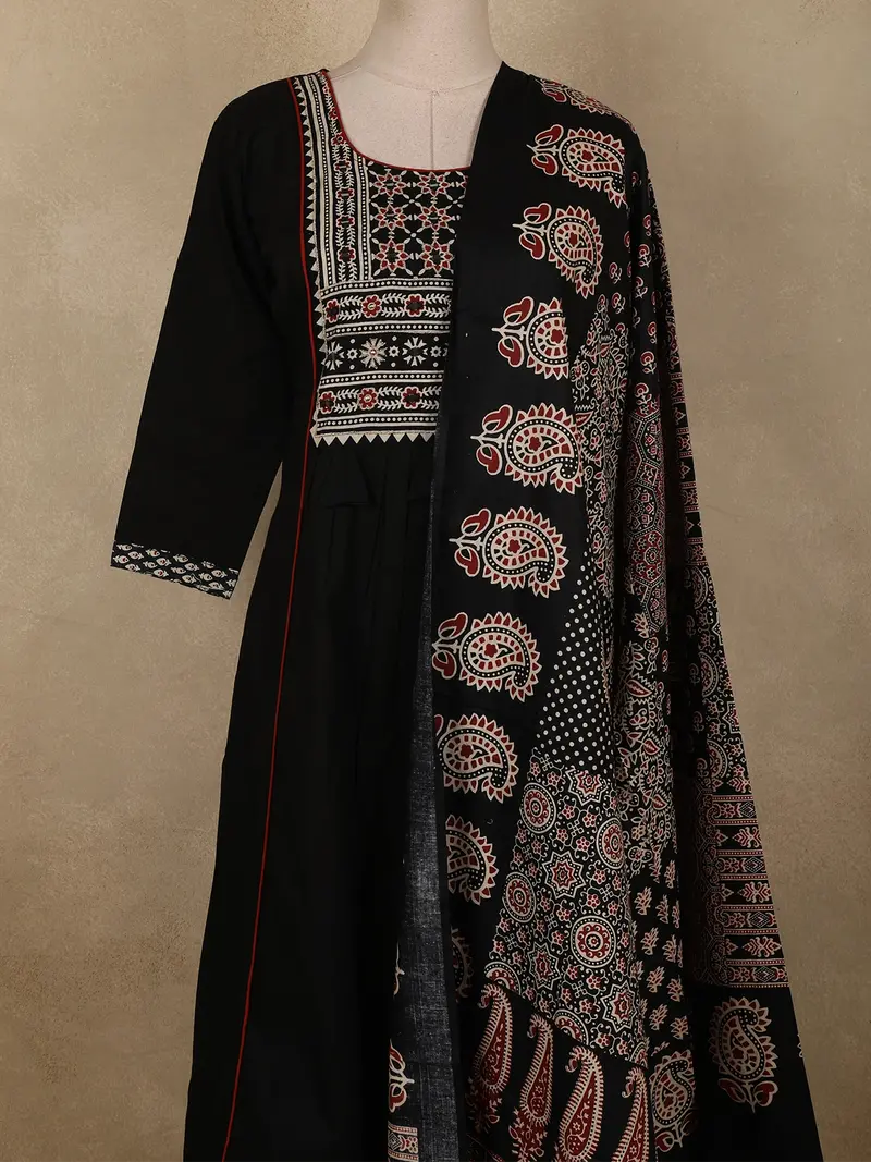 Black Ajrakh Printed Design Cotton Salwar Suit With Dupatta 2