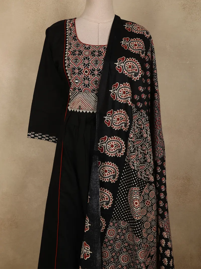Black Ajrakh Printed Design Cotton Salwar Suit With Dupatta 2