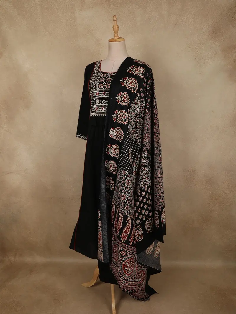 Black Ajrakh Printed Design Cotton Salwar Suit With Dupatta 3