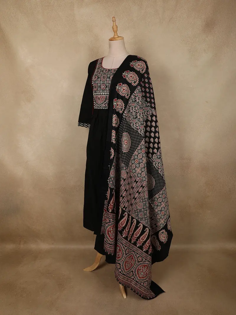 Black Ajrakh Printed Design Cotton Salwar Suit With Dupatta 3