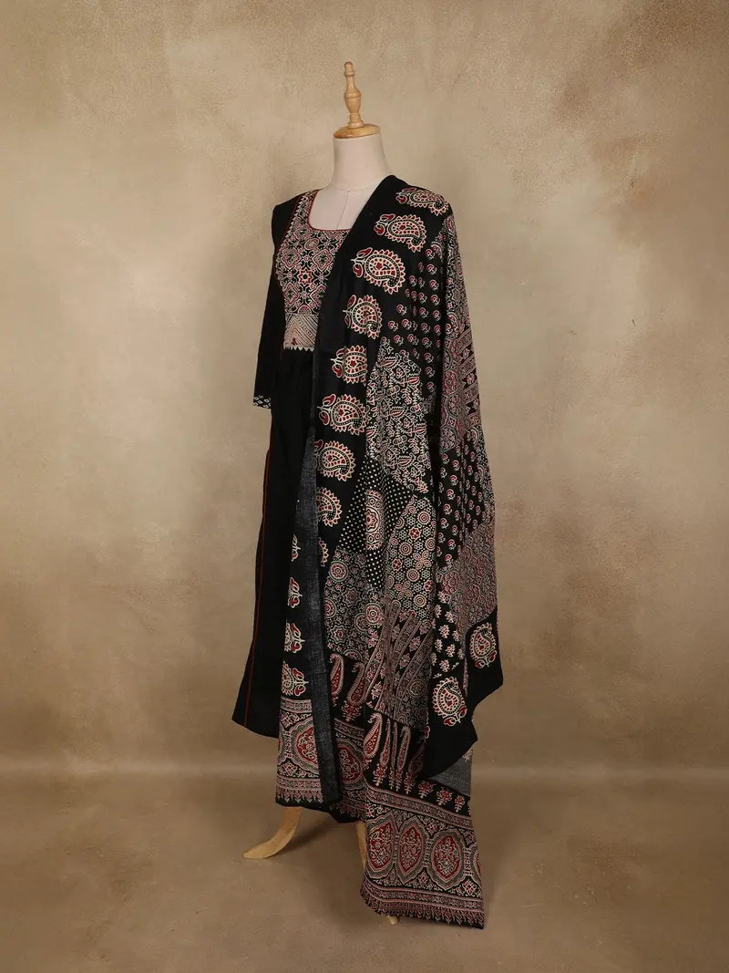 Black Ajrakh Printed Design Cotton Salwar Suit With Dupatta 3