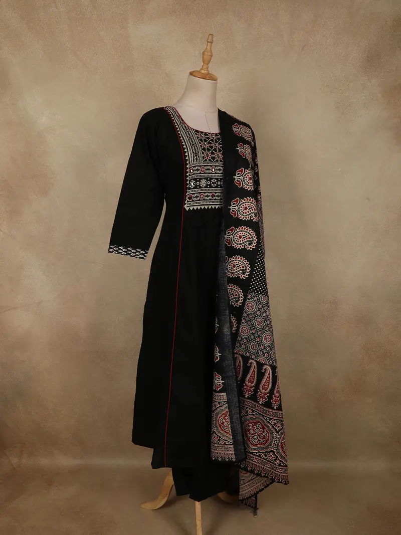 Black Ajrakh Printed Design Cotton Salwar Suit With Dupatta 4