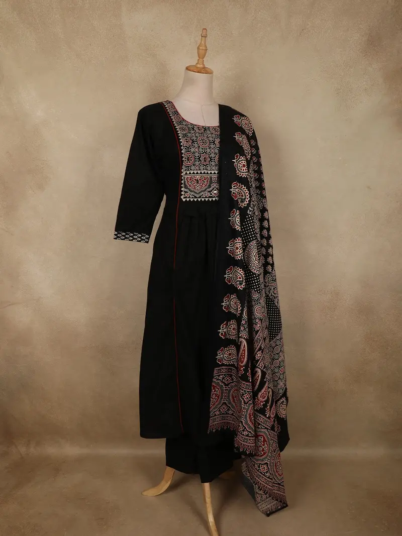 Black Ajrakh Printed Design Cotton Salwar Suit With Dupatta 4