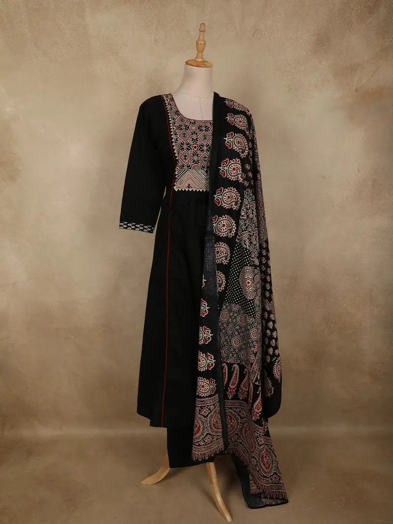 Black Ajrakh Printed Design Cotton Salwar Suit With Dupatta 4