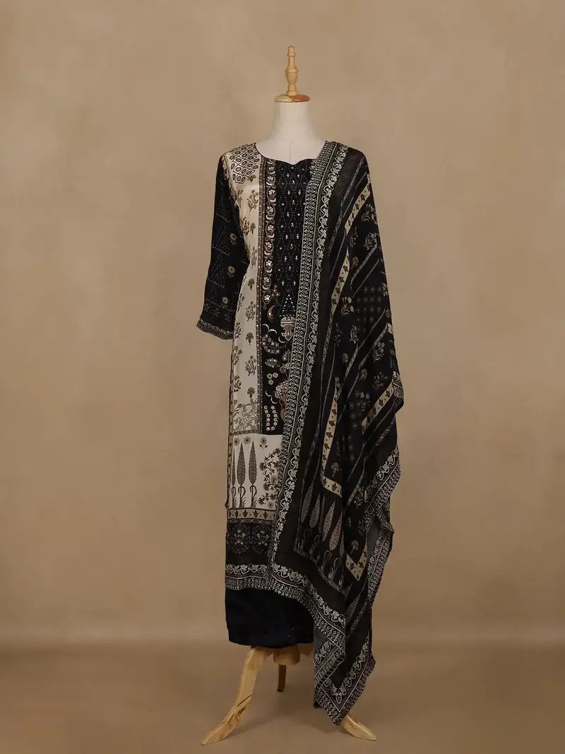 Black And Beige Floral Printed Synthetic Salwar Suit With Dupatta 1