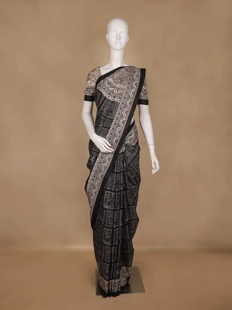 Black And Beige Kalamkari Print Semi Silk Saree 1