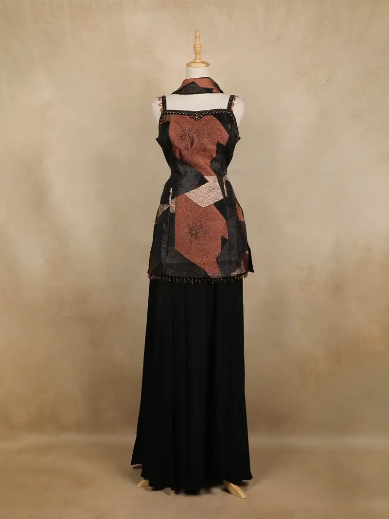 Black And Brown Geometric Design Georgette Palazzo Suit 1