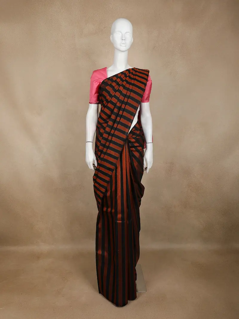 Black And Copper Stripes Woven Pure Kanchipuram Silk Saree 1