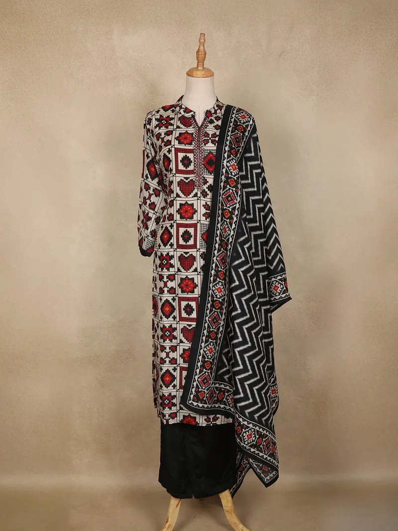 Black And Cream Geometric Print Design Cotton Straight Cut Salwar Suit 1