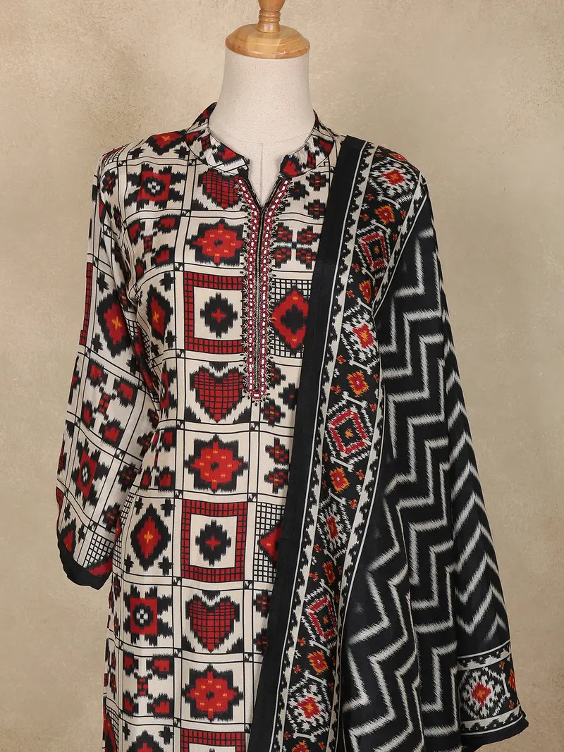 Black And Cream Geometric Print Design Cotton Straight Cut Salwar Suit 2