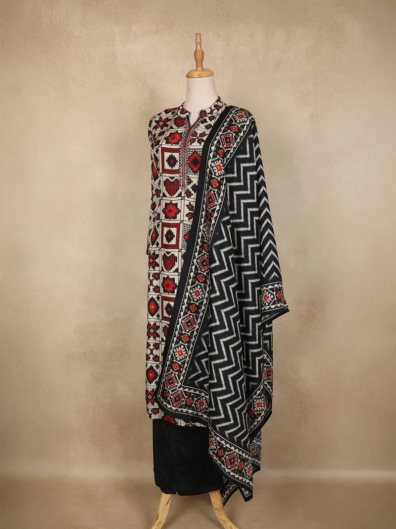 Black And Cream Geometric Print Design Cotton Straight Cut Salwar Suit 3