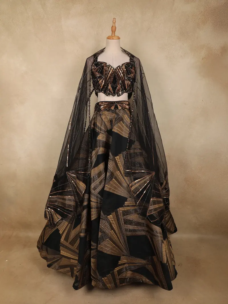 Black And Gold Geometric Sequins Embroidered Design Organza Designer Lehenga With Dupatta 1