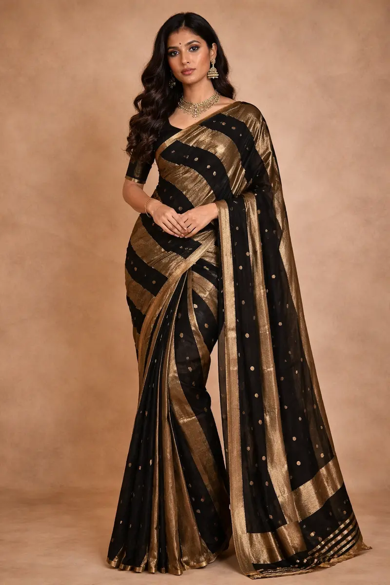 Black And Gold Striped Tissue Organza Saree With Zari Buttas 1