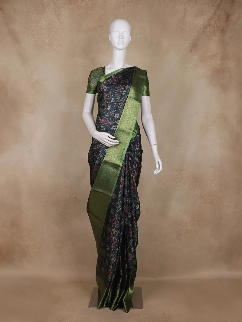 Black And Green Ikat Woven Design Cotton Fancy Saree With Zari Border 1