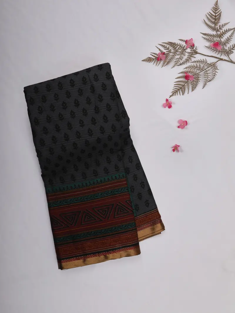 Black And Grey Floral Printed Karishma Cotton Saree With Multicolor Geometric Border 1