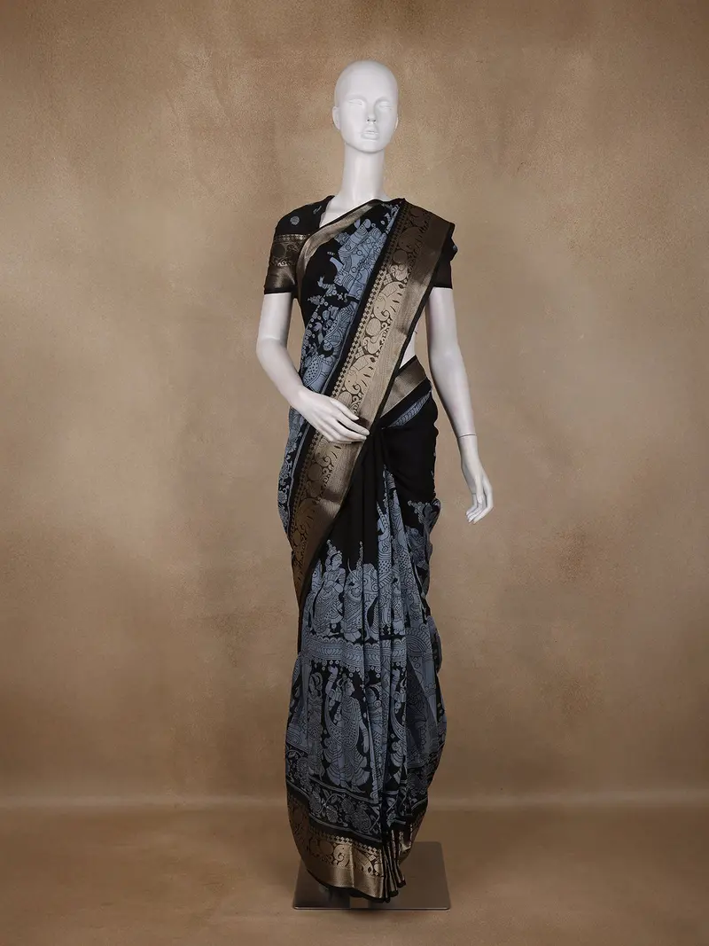 Black And Grey Kalamkari Printed Design Chanderi Cotton Saree With Contrast Zari Border 1
