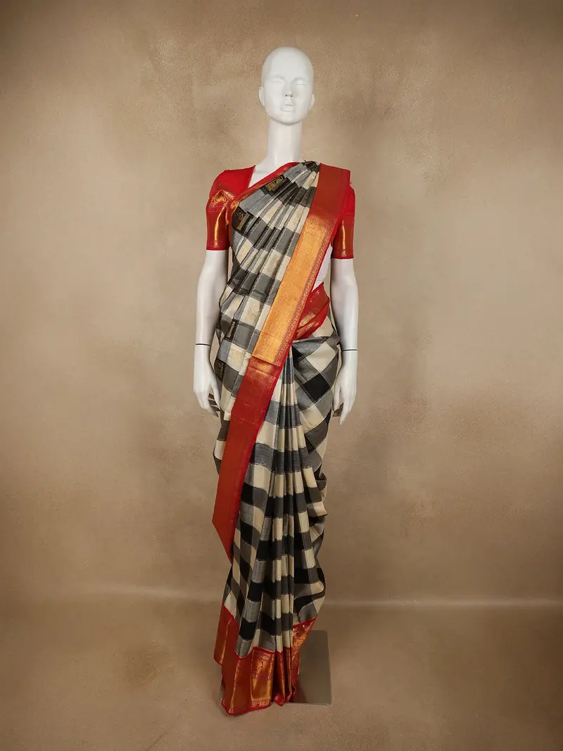 Black And Ivory Checked Woven Design Pure Kanchipuram Silk Saree With Contrast Zari Border 1