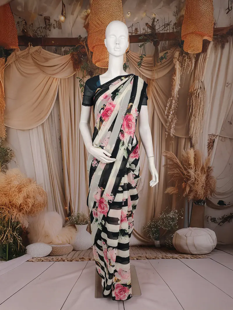 Black And Ivory Striped Floral Printed Chiffon Saree With Scallop Lace Edge Border 1