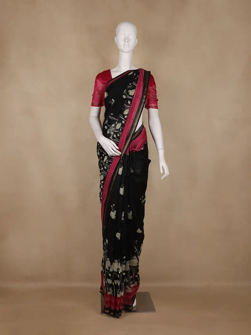 Black And Maroon Floral Printed Chandheri Cotton Saree 1