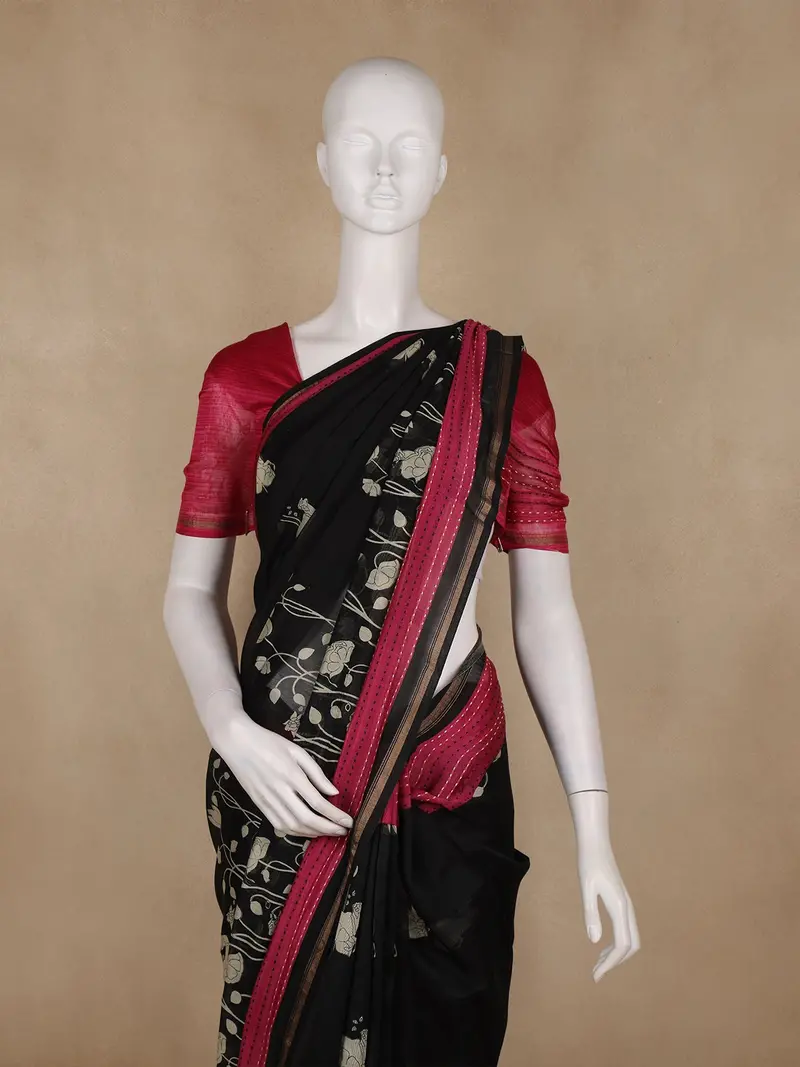 Black And Maroon Floral Printed Chandheri Cotton Saree 2