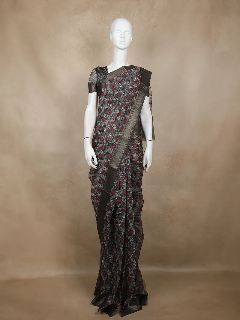 Black And Maroon Floral Woven Design Chanderi Cotton Saree With Zari Woven Border 1