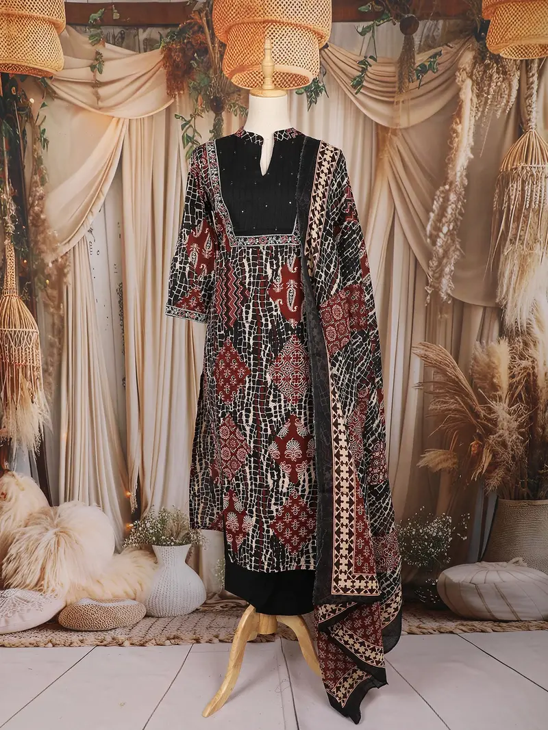 Black And Maroon Geometric Printed Cotton Salwar Suit With Dupatta 1