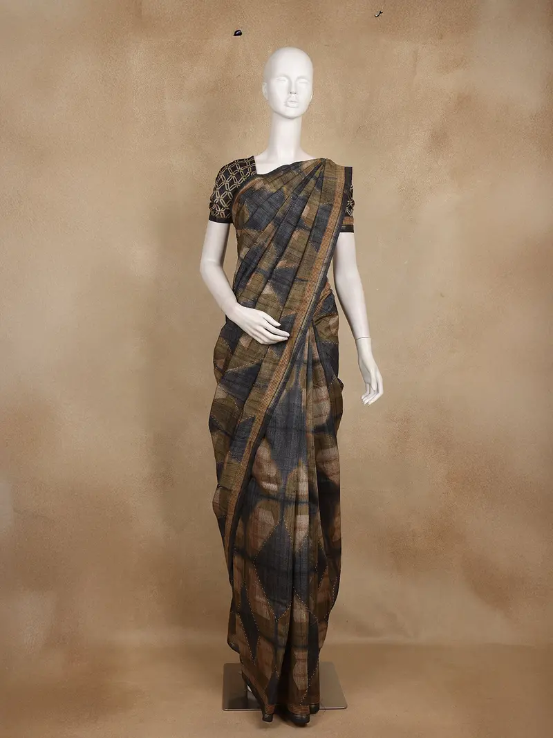 Black And Olive Geometric Printed Design Tussar Silk Saree 1
