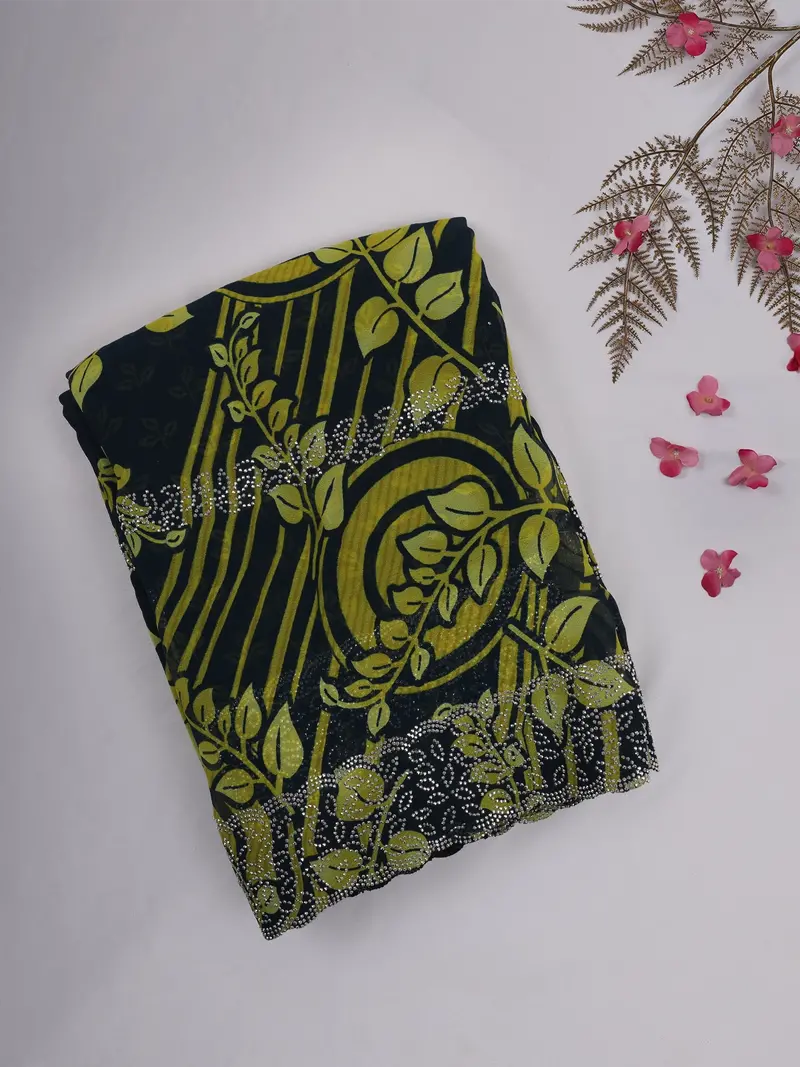 Black And Olive Green Floral Printed Design Chiffon Saree With Stone Embellished Border 1