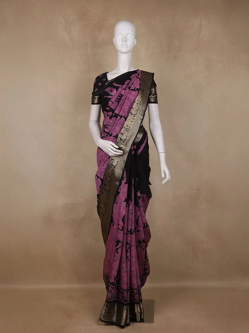 Black And Purple Kalamkari Printed Design Chanderi Cotton Saree With Contrast Zari Border 1