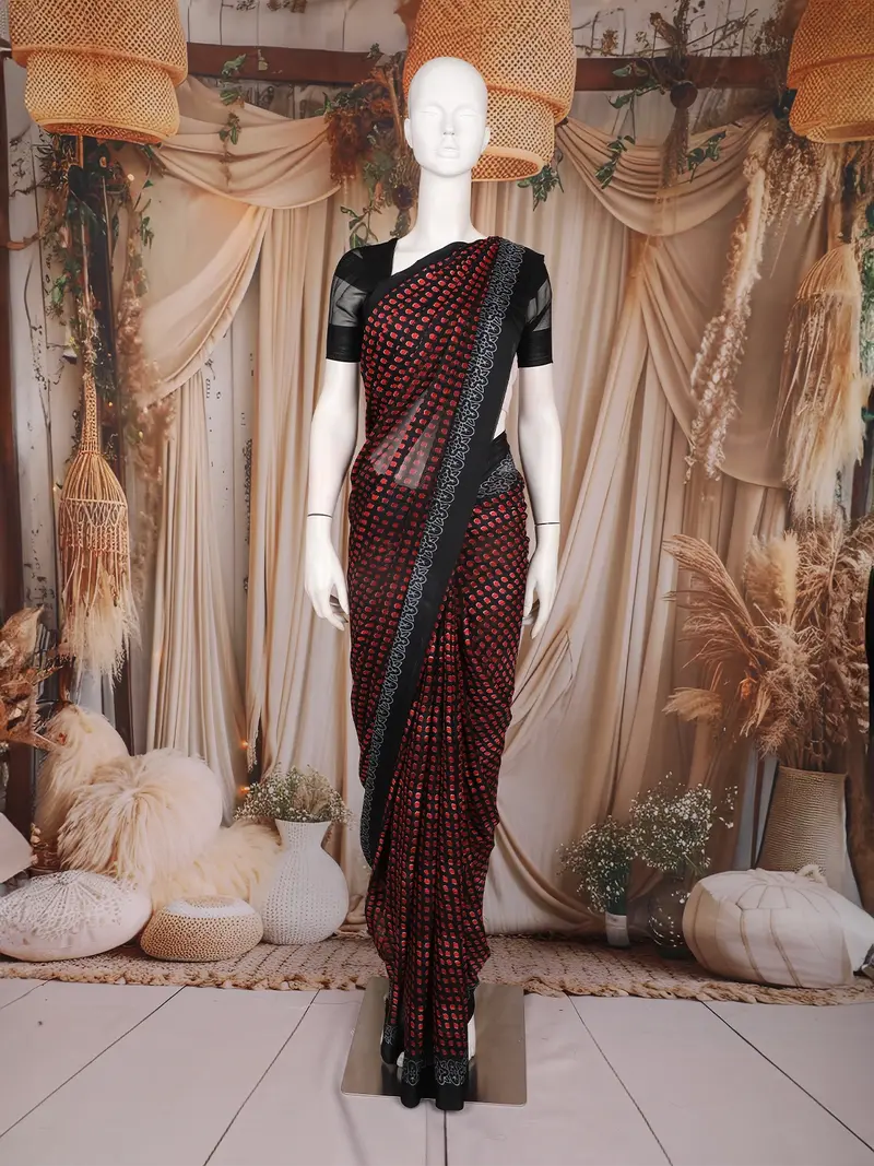 Black And Red Butta Printed Design Chiffon Saree With Contrast Black Border 1