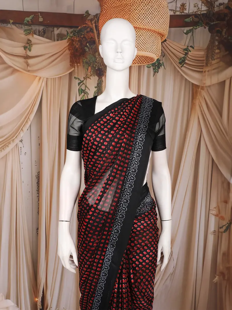 Black And Red Butta Printed Design Chiffon Saree With Contrast Black Border 2