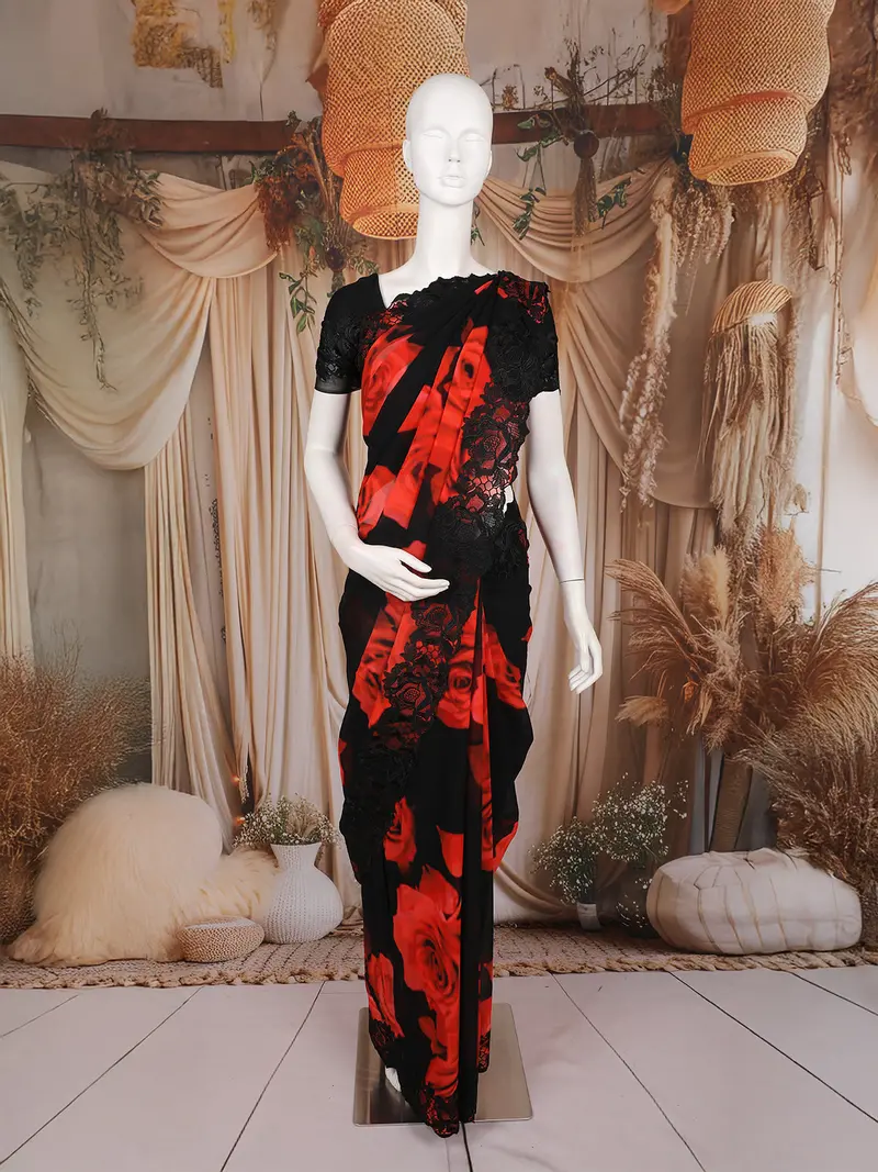 Black And Red Rose Printed Chiffon Saree With Heavy Black Floral Lace Border 1