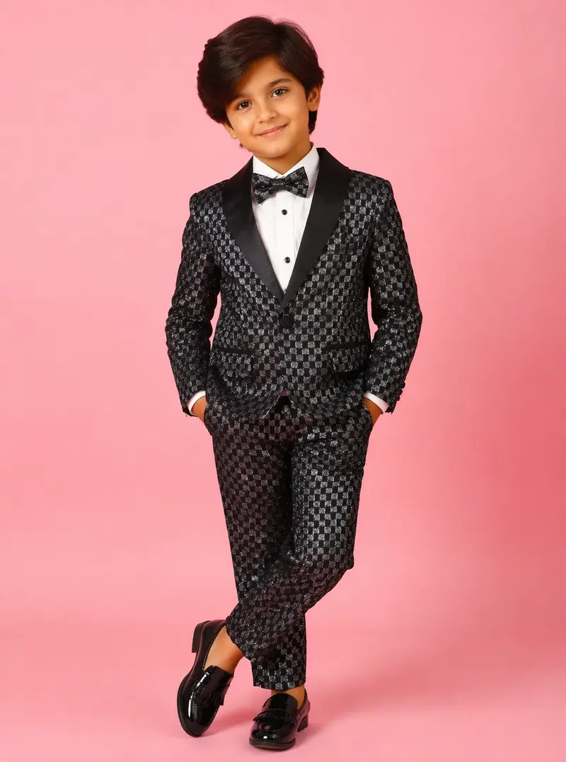 Black And Silver Shimmer Tuxedo With Checked Pattern Coat Suit For Boys 1
