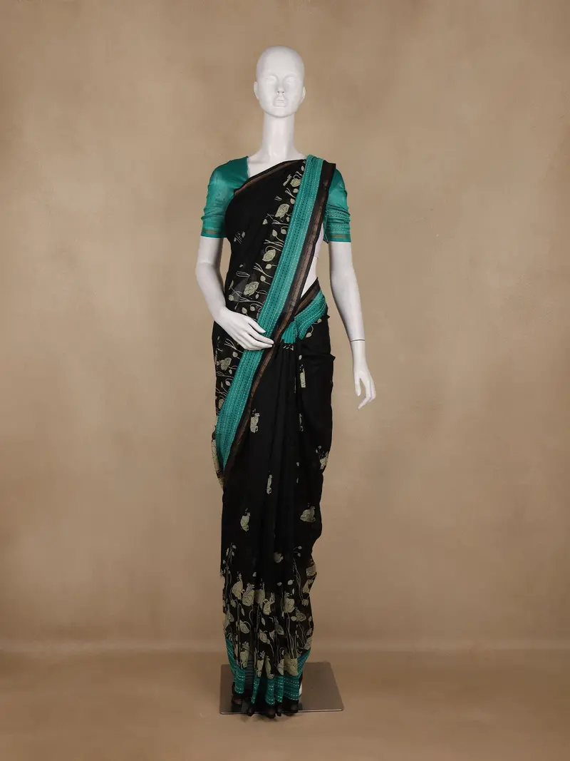 Black And Teal Green Floral Printed Chandheri Cotton Saree 1