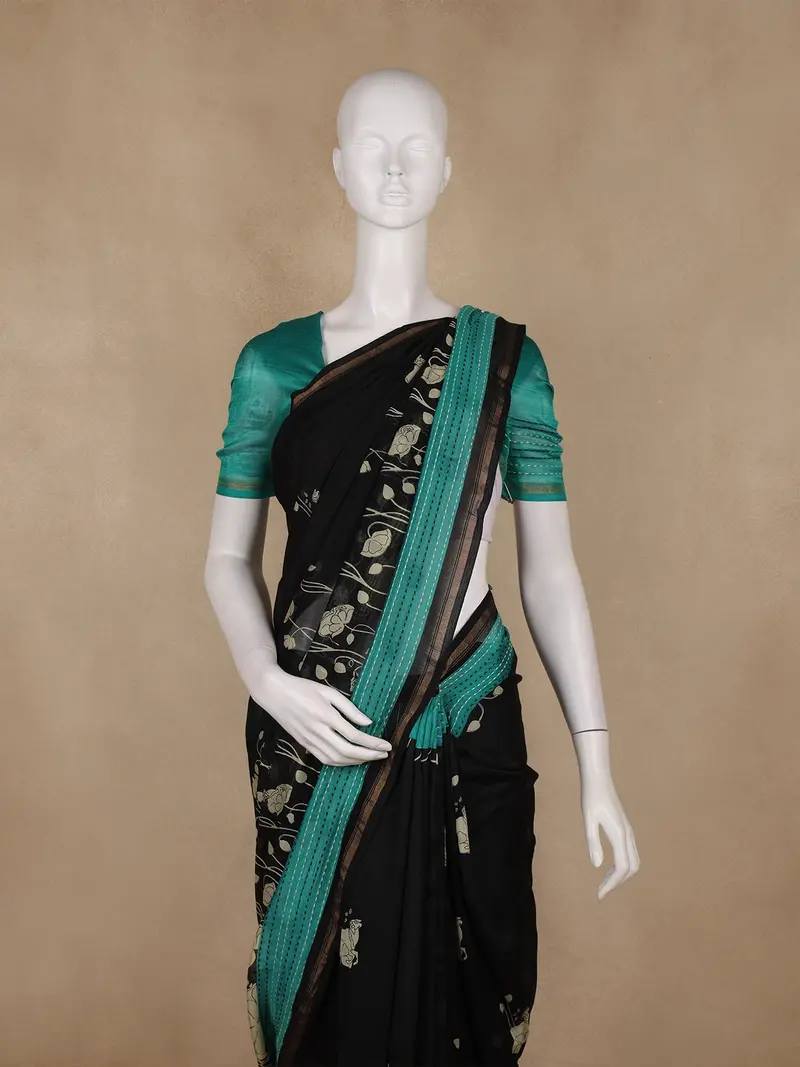 Black And Teal Green Floral Printed Chandheri Cotton Saree 2