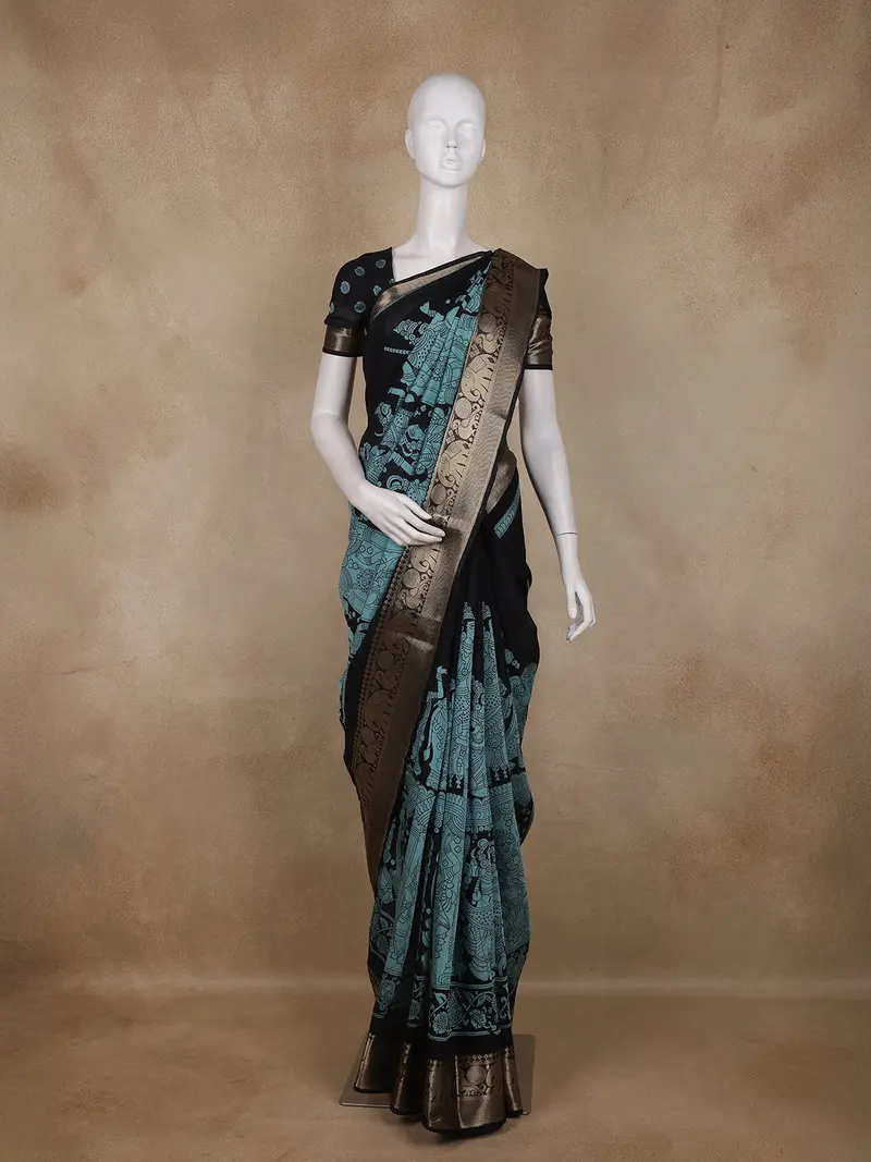 Black And Teal Kalamkari Printed Design Chanderi Cotton Saree With Contrast Zari Border 1