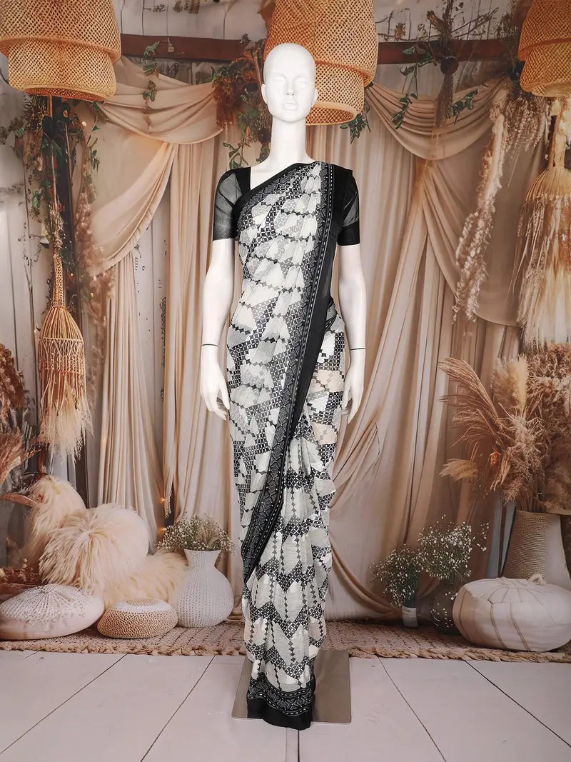Black And White Abstract Printed Design Chiffon Saree With Contrast Black Pattern Border 1