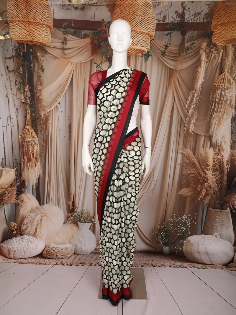Black And White Abstract Printed Design Chiffon Saree With Contrast Maroon Border 1