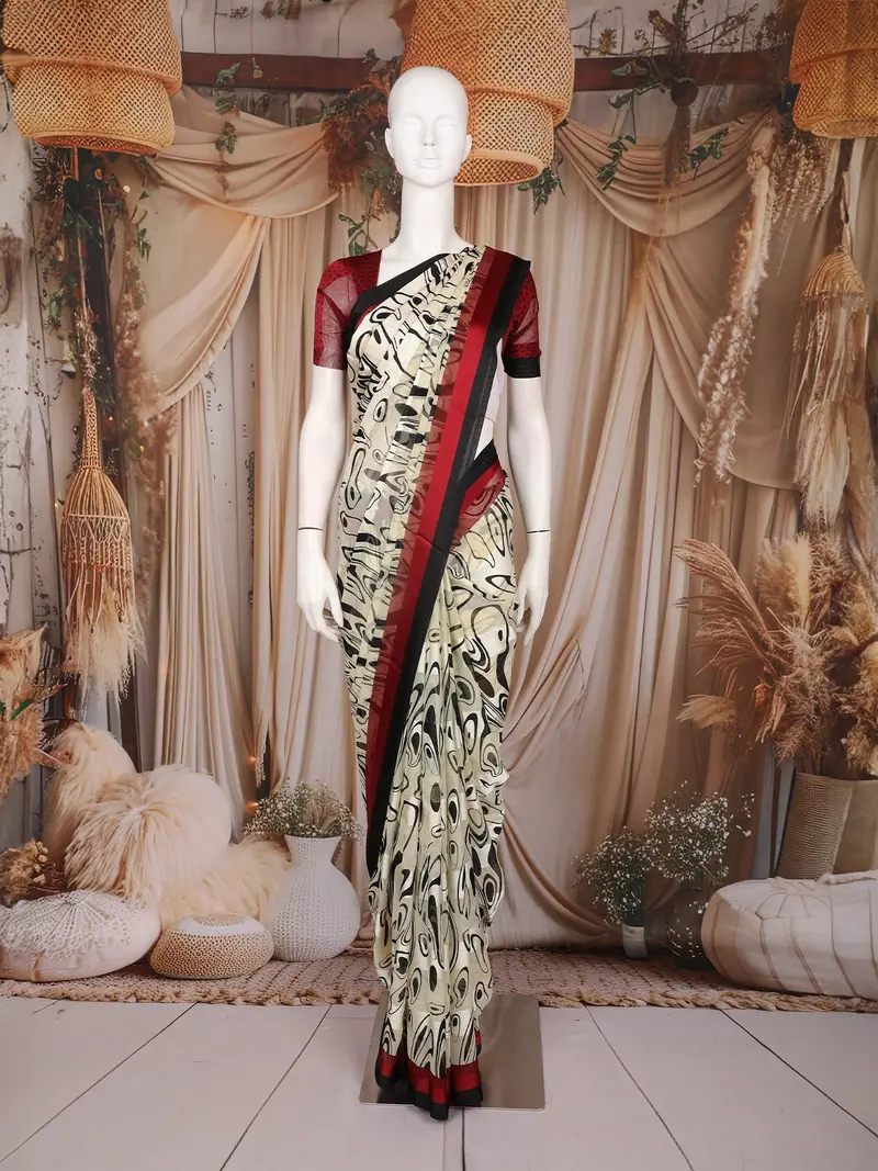 Black And White Abstract Printed Design Chiffon Saree With Contrast Maroon Pattern Border 1