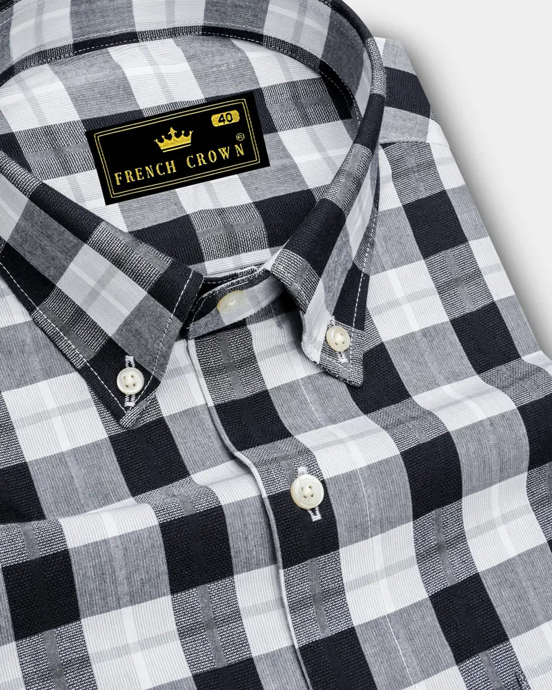 Black And White Checkered Dobby Textured Premium Giza Cotton Shirt 1